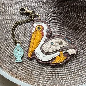 LIKE NEW Unique CHALA Pelican Leather Keychain Charm in Brown, White & Yellow